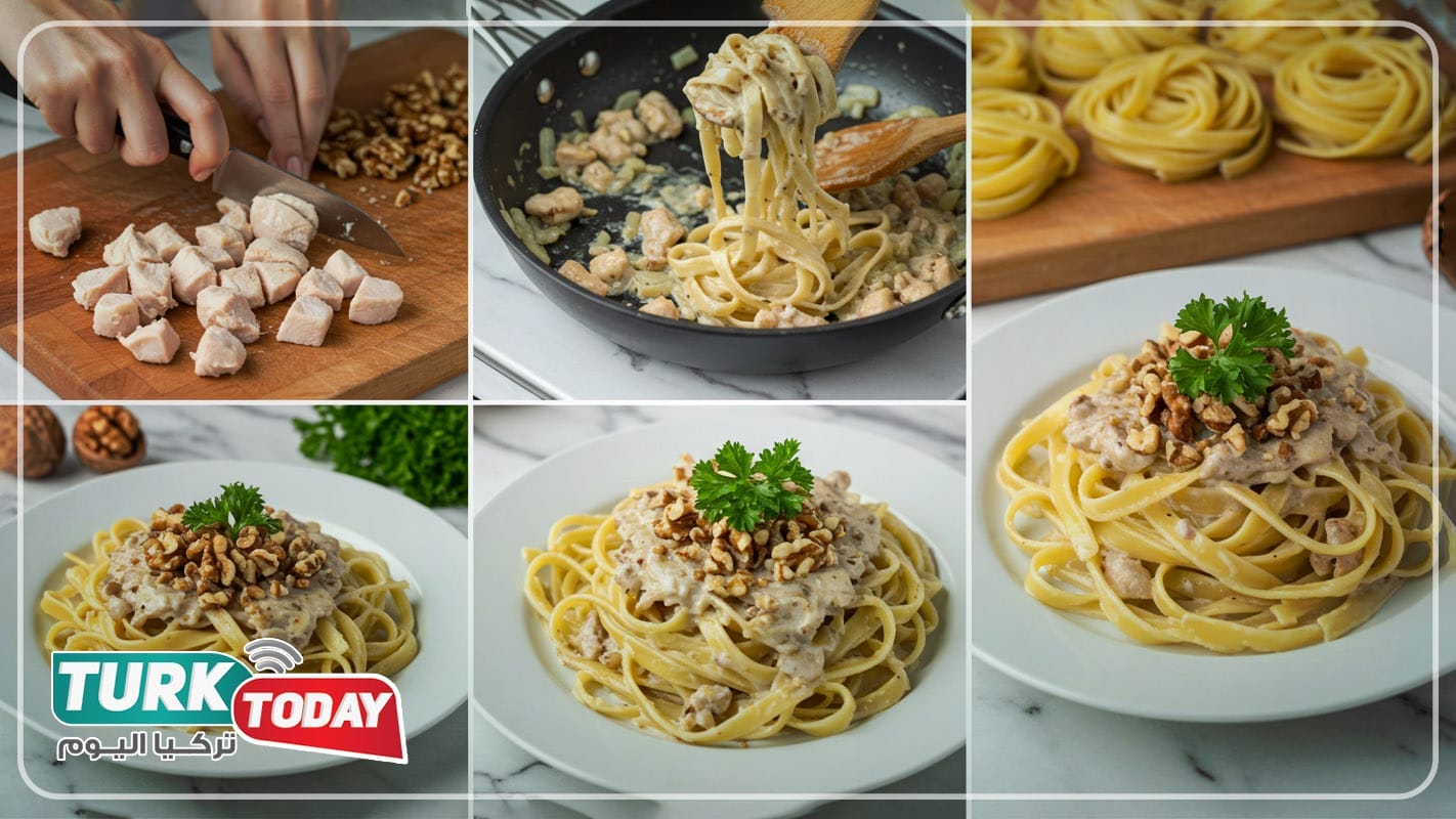 طريقة مكرونة فوتشيني بالدجاج والجوز